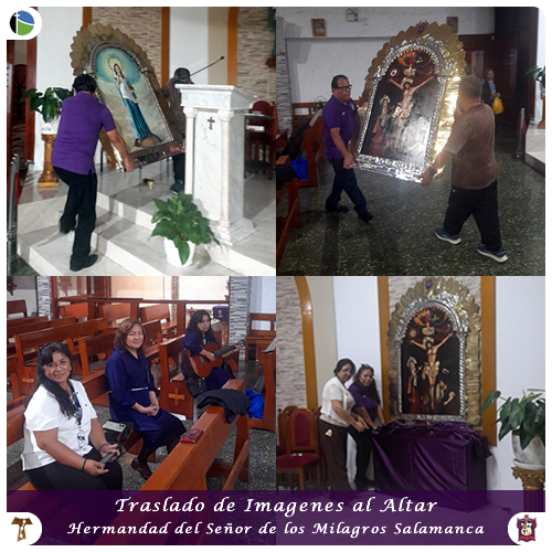 Preparación del Altar con las imágenes del Señor de los Milagros y Nuestra Señora de la Esperanza